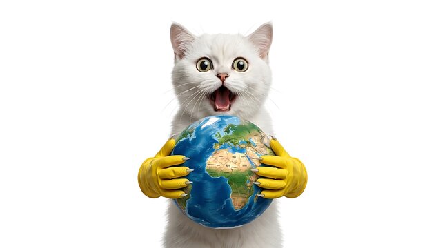 Funny Cat Meme Holding Planet Earth Globe Shocked Expression White Background