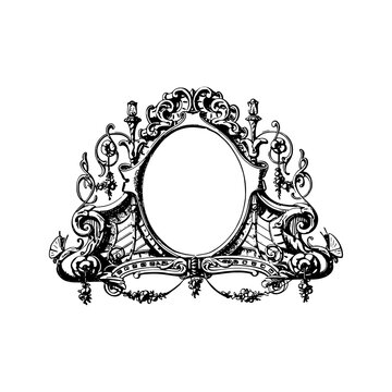 A black-and-white illustration of an oval frame adorned with intricate antique or vintage-style ornamental carvings, set against a transparent background.
