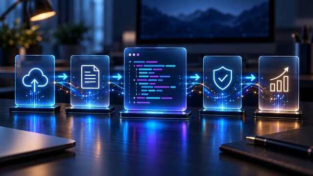 Glowing transparent glass plaques displaying digital icons connected by light streams on a desk, illustrating an automated software workflow, data security, and business analytics pipeline.