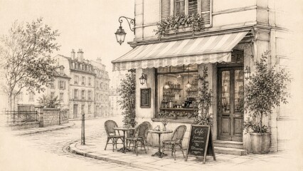 Obraz premium Sepia pencil sketch of a quaint European street cafe with outdoor tables, striped awning, chalkboard menu and detailed storefront