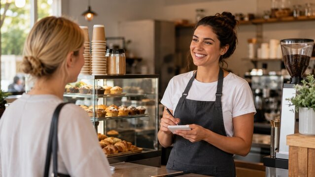 Smiling barista taking an order at a cozy cafe counter with pastry display and coffee equipment
