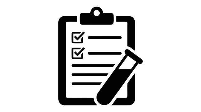 Vector illustration of clipboard with checklist and test tube icon on a transparent background