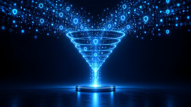 Glowing blue digital filter funnel processing scattered cybersecurity shield icons into a concentrated secure data stream