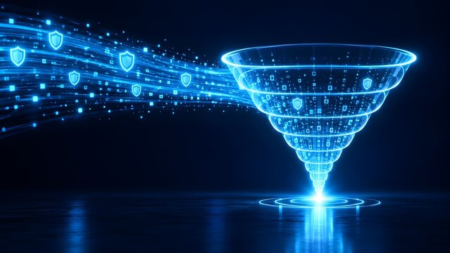 Futuristic digital funnel collecting glowing blue shield icons representing cybersecurity data processing and threat detection