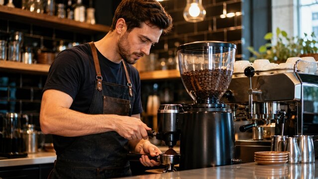 Male barista tamping espresso in a caf&eacute; with grinder, coffee beans and professional espresso machine