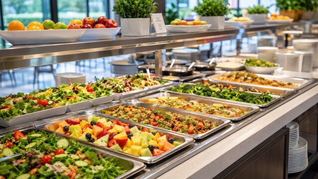 Self-serve salad bar buffet with trays of fresh salads, fruits, vegetables and serving utensils on a modern hotel-style counter