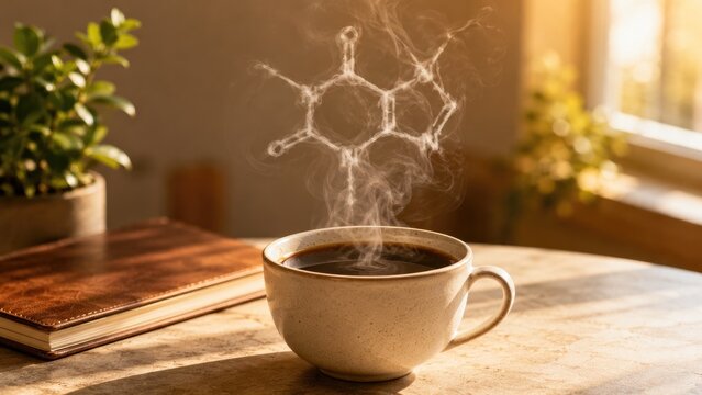 Steaming cup of coffee with steam forming a caffeine molecule in a warm sunlit cozy tabletop scene
