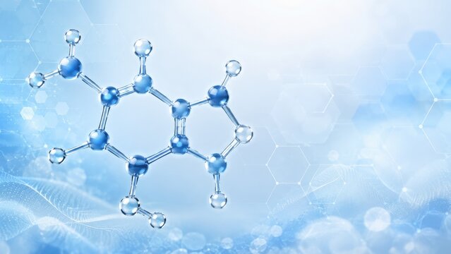 Blue 3D molecular structure model hovering over a hexagonal science background, abstract chemistry and biotechnology concept