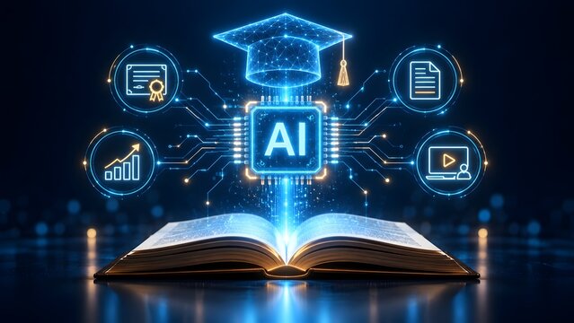 Artificial intelligence chip with a graduation cap glowing above an open book displaying floating icons for online courses digital learning and academic success.