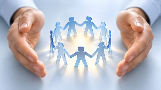 Hands guarding a circle of translucent blue figures holding hands with a warm glowing light inside, representing inner team strength, community nurturing, and corporate care.