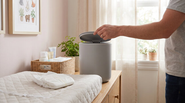 Diaper disposal pail in a nursery with a parent disposing of waste  