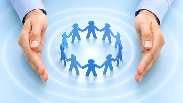 Hands protecting a circle of blue connected figures with radiating ripple effects, symbolizing community support, expansive corporate care, team stability, and social insurance.