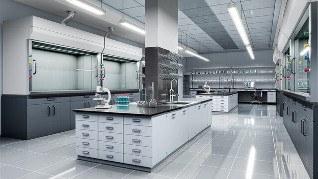 Modern chemical research laboratory interior with fume hoods, island workbench, scientific equipment, and refrigerators. 3d illustration