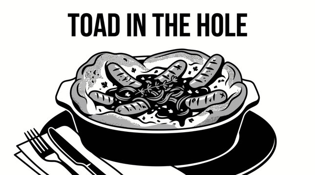  Black and white British toad in the hole with sausages baked inside golden Yorkshire pudding batter, onion gravy, and herbs, isolated on a clean background. Modern flat vector for British food