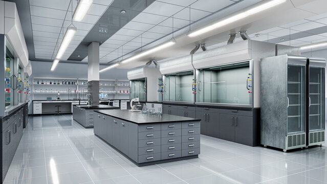 Modern chemical research laboratory interior with fume hoods, island workbench, scientific equipment, and refrigerators. 3d illustration