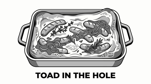  Black and white British toad in the hole with sausages baked inside golden Yorkshire pudding batter, onion gravy, and herbs, isolated on a clean background. Modern flat vector for British food
