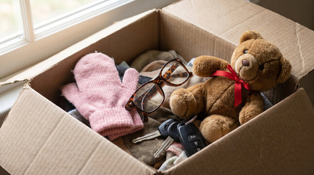Lost and found box items with teddy bear and clothing  