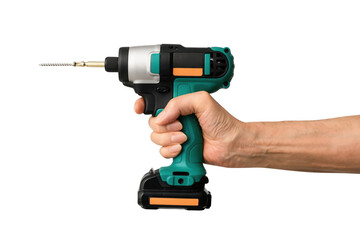 Hand holding a cordless electric impact driver with screw bit attached © Tania