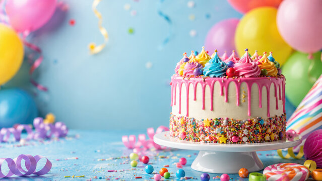 Colorful drip birthday cake with sprinkles and swirl buttercream frosting on a party table with balloons, confetti, ribbons, and candy