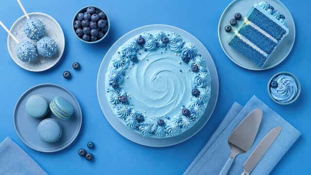 Top-view blue-themed dessert spread with frosted buttercream cake, blueberry garnish, slice, macarons and cake pops