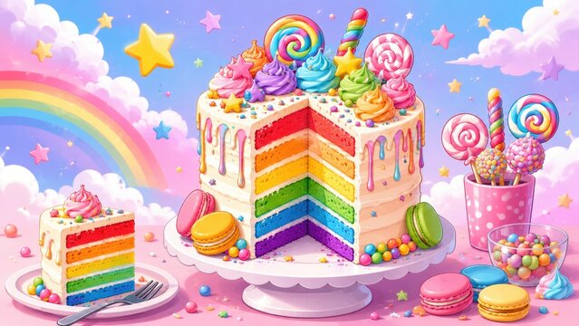 Bright whimsical rainbow layer cake with colorful frosting, lollipops, macarons and candies on a cake stand against a pastel sky with stars and a rainbow