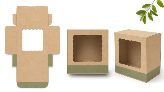Kraft cardboard bakery box with scalloped clear window and green band, shown as flat dieline and assembled boxes with leaf accent