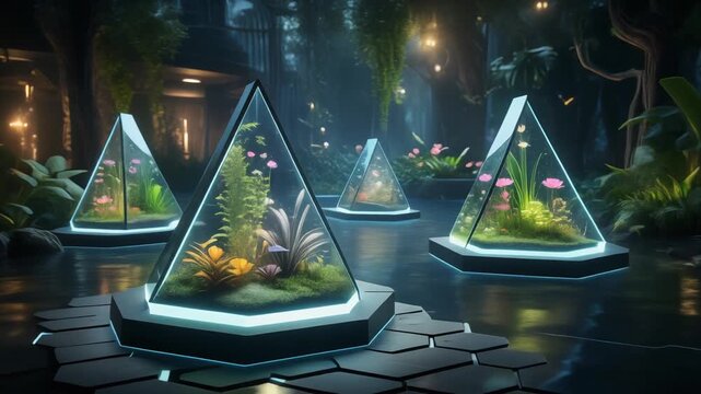 Magical Floating Terrariums with Glowing Plants in Enchanted Forest