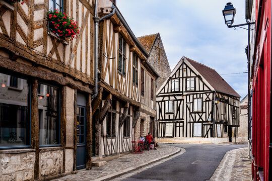 France: traditional medieval half-timbered houses located on Rue Couverte in the upper town of Provins, Seine-et-Marne.