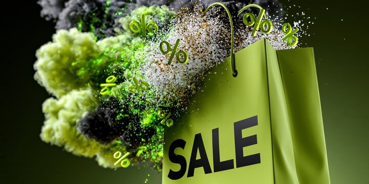 A vibrant green shopping bag labeled 'SALE' bursts with colorful particles, percentage symbols, and dynamic smoke effects against a dark background, conveying excitement and discount energy.