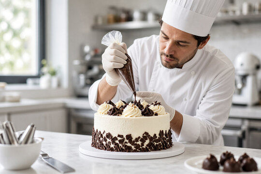 pasticcere professionista al lavoro che decora una torta 