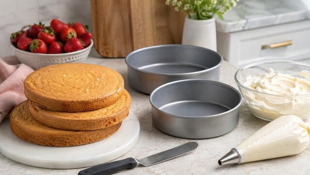 Stacked sponge cake layers beside round cake pans, piping bag, bowl of frosting and fresh strawberries on a marble countertop for cake assembly