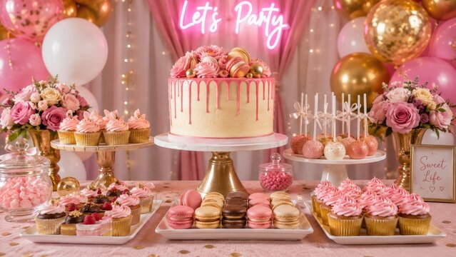 Pink and gold dessert table with drip cake, cupcakes, macarons, cake pops, roses, balloons and "Let's Party" neon sign for a feminine celebration