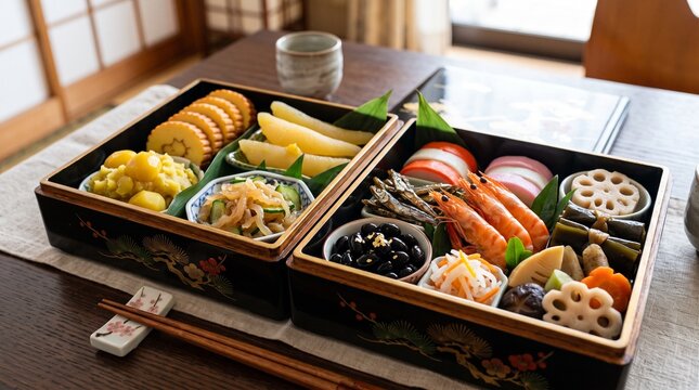 A delicious and beautifully presented Japanese New Year's bento box filled with various traditional dishes. The box is divided into compartments, showcasing colorful ingredients, including shrimp.