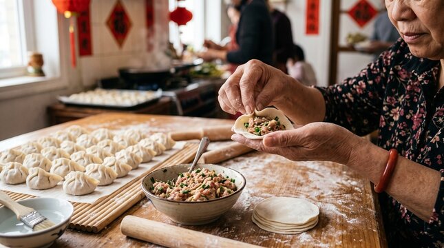 An elderly woman meticulously crafts dumplings by hand, surrounded by freshly made ones and cooking ingredients. The scene depicts a traditional culinary activity.