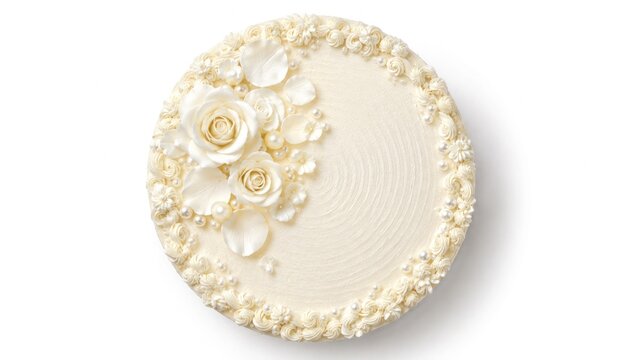 Top view of round ivory frosted cake decorated with sugar roses, delicate petals, edible pearls and piped rosettes for a wedding or celebration