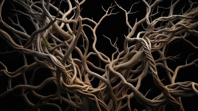 Intricate Network of Tangled Tree Roots and Branches Against Dark Background