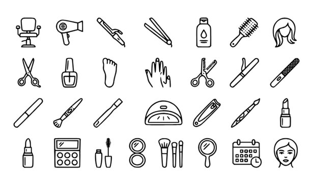 Beauty Salon Hair and Nail Care Line Icon Set with Manicure Pedicure and Makeup Tools