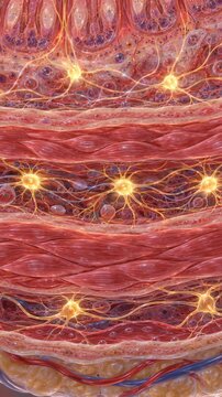 Intestinal wall cross section fills frame as camera slowly zooms toward glowing branching nerve cells beneath fingerlike villi, layered red muscle bands, vessels and fatty tissue