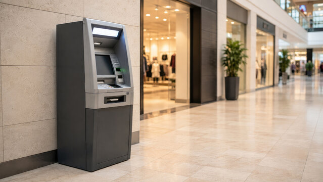 ATM cash machine in a modern shopping mall corridor beside stores, illuminated screen and keypad on tiled floor, contemporary indoor retail environment
