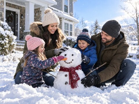 Familie baut einen kleinen Schneemann vor ihrem Zuhause
Eltern und zwei Kinder verzieren gemeinsam einen kleinen Schneemann im verschneiten Vorgarten und erleben einen fr&ouml;hlichen Wintertag voller N&auml;h