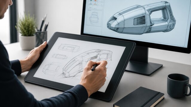Designer sketching a futuristic vehicle concept on a graphics tablet with a stylus, while a 3D model appears on a monitor in a modern desk workspace