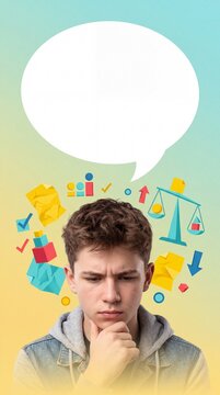 Thoughtful teenage boy making a decision with empty speech bubble, balance scale, and icons representing choices and planning