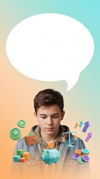 Teenage boy looking down with empty speech bubble, piggy bank, wallet, and financial icons representing teen money management