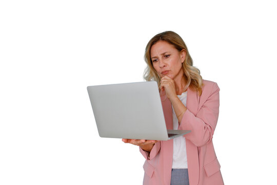 Businesswoman thinking, looking at laptop with confused expression, working on a problem, transparent background