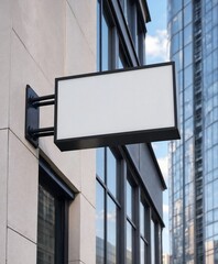 Fototapeta premium Blank Signboard on Building Facade: A clean, empty rectangular signboard is mounted on the exterior wall of a modern building, with a glass skyscraper reflecting the sky in the background.