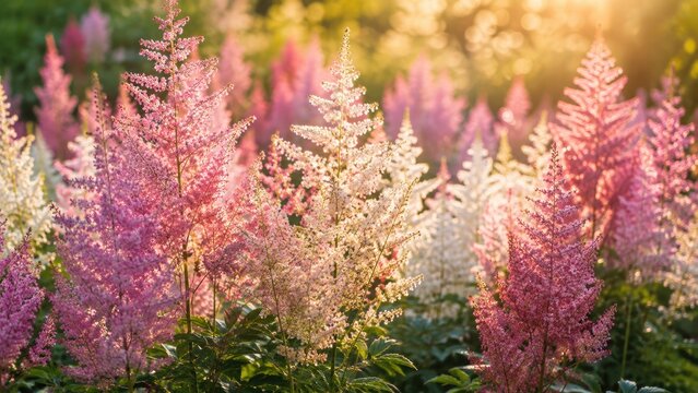 Backlit pink and white astilbe flowers glowing in golden garden light
