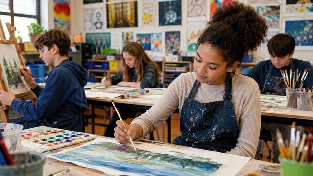 Teen students focused on watercolor landscape paintings in a colorful school art classroom