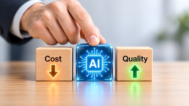 Hand placing a glowing artificial intelligence cube between wooden blocks with cost and quality arrows. Concept of corporate business optimization.