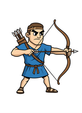 Male archer character aiming bow and arrow isolated on white background vector illustration