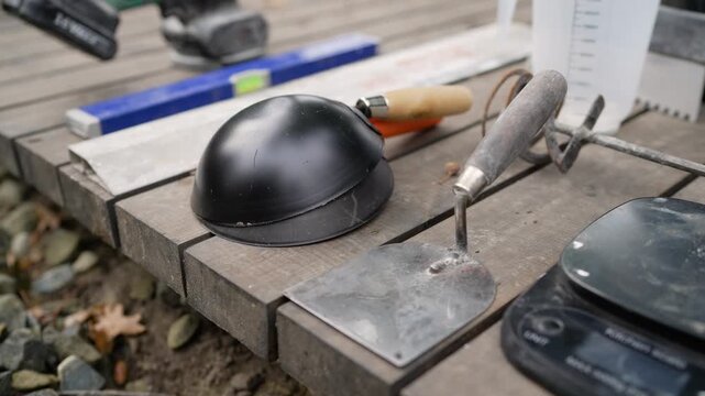 Professional equipment for building renovation projects. Natural daylight illuminates worn tools, suggesting craftsmanship DIY home improvement. Shallow depth of field on outdoor work surface
